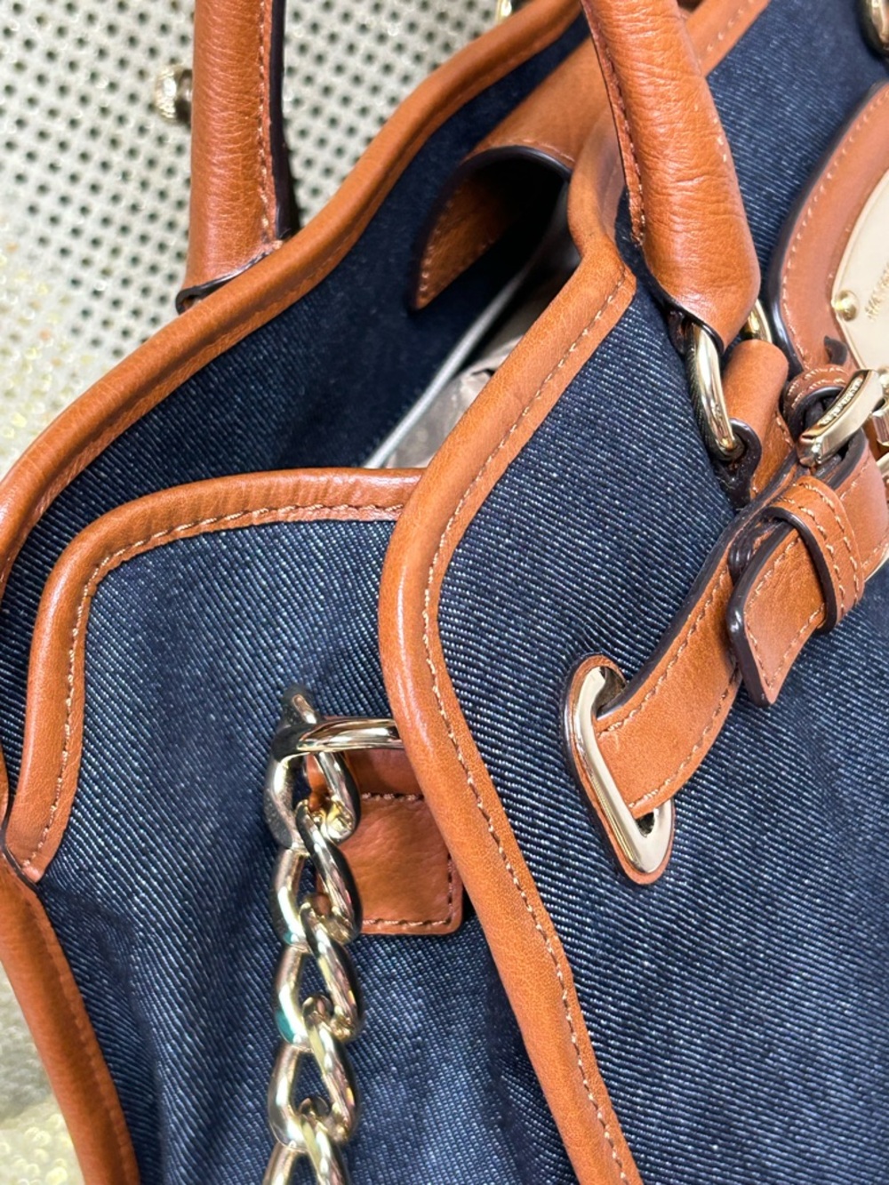 MICHAEL Michael Kors Navy Denim and Brown Leather Tote Approx. 15 x 11 x 4 - Picture 4 of 17